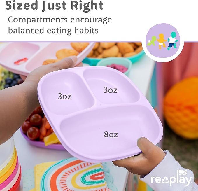 Re-Play Toddler Plates with Dividers - Deep-Walled 3 Compartments Divided Plates for Kids with 3 Lids - Dishwasher & Microwave Safe - Made in USA - Set of 3-7.37" x 7.37" x 1.25" - Mermaid