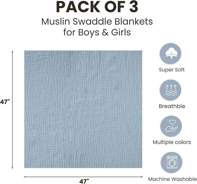 Konssy 3-Pack Muslin Baby Swaddle Blankets, 47 x 47 in Receiving Blankets | - Image 7