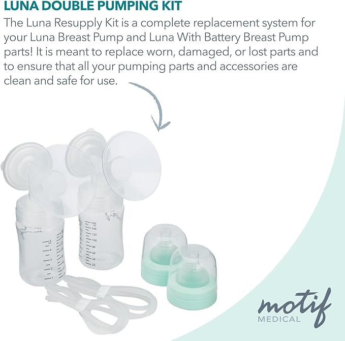 Motif Medical Luna Double Breast Pump Replacement Parts - Breast Pump Parts W/Bottles, Nipples, Tubing, Valves, Breast Shields (28mm), Diaphragms, Connectors & More - Safe Easy-to-Use Breast Pump Kit