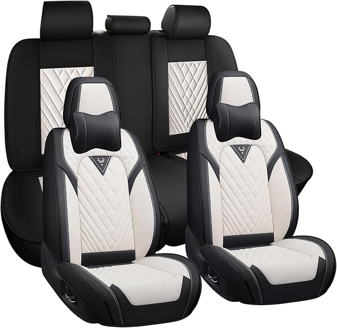 Car Seat Covers,Waterproof PU Leather Automotive Seat Covers Full Set for Cars SUV Truck Sedan,Universal Anti-Slip Seat Protector Breathable Seat Cover (5 Seat-Headrest,Creamy White)