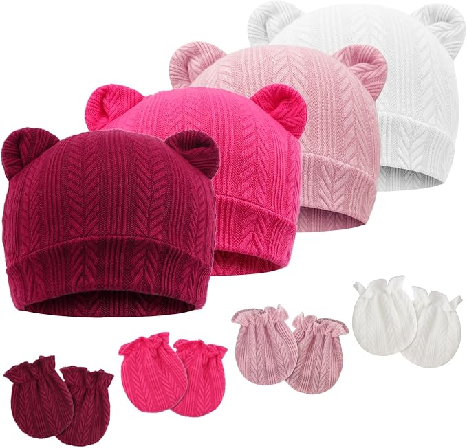 Newborn Baby Hat and Mittens Set Bear Ears Toddler Infant Beanie Caps Newborn by AQOKKA
