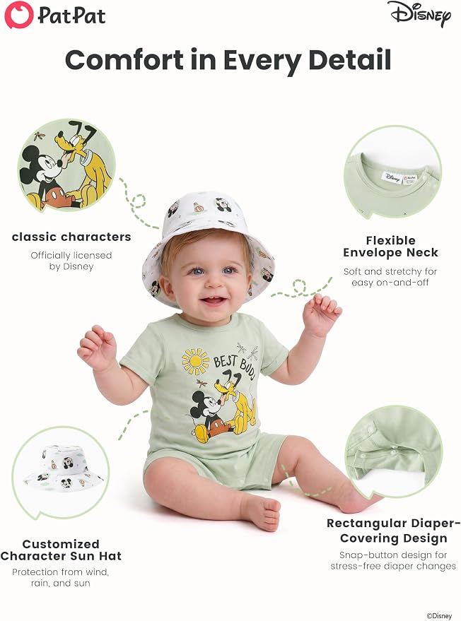 Disney Baby Boy's 2-Piece Romper and Sun Hat Outfit Set Newborn to Infant - Image 6