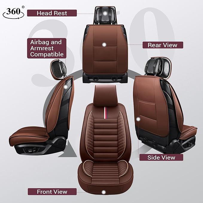 OASIS AUTO Car Seat Covers Premium Waterproof Faux Leather Cushion Universal Accessories Fit SUV Truck Sedan Automotive Vehicle Auto Interior Protector Front Pair (OS-001 Brown)