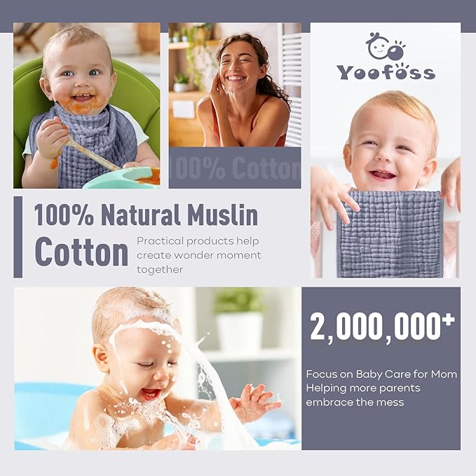 Yoofoss Muslin Burp Cloths for Baby 10 Pack 100% Organic Cotton Baby Washcloths for Boys Girls Large 20''X10'' Super Soft and Absorbent Fog Blue