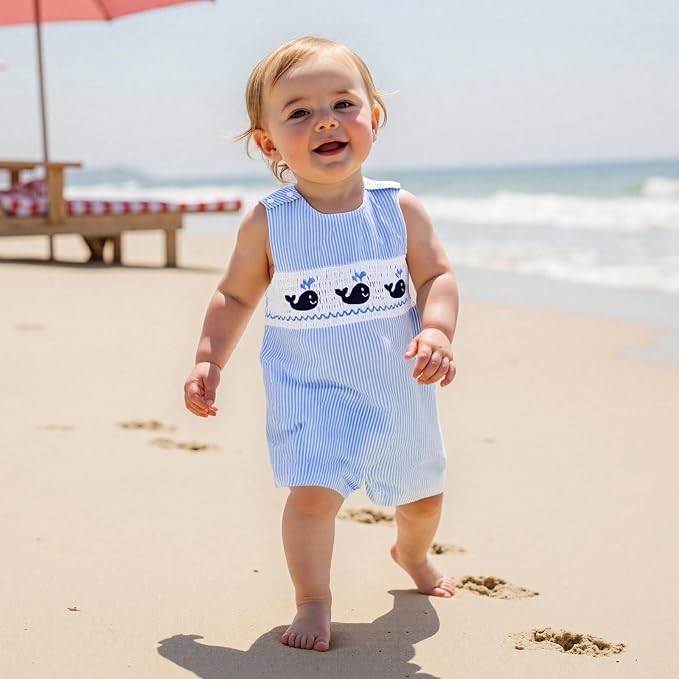 Newborn Baby Boys Sleeveless Seersucker Romper One Piece Straps Overalls - Image 7