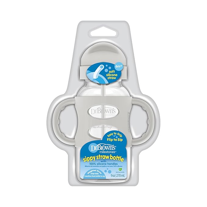 Dr. Brown's Milestones Wide-Neck Sippy Straw Bottle with 100% Silicone Handles and Weighted Straw, 9 oz/270 mL, Gray, 6m+ (Pack of 6)
