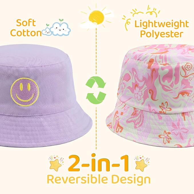 Toddler Hat Reversible Bucket Hat Happy Face Sun Hat Adjustable Chin Strap - Image 2