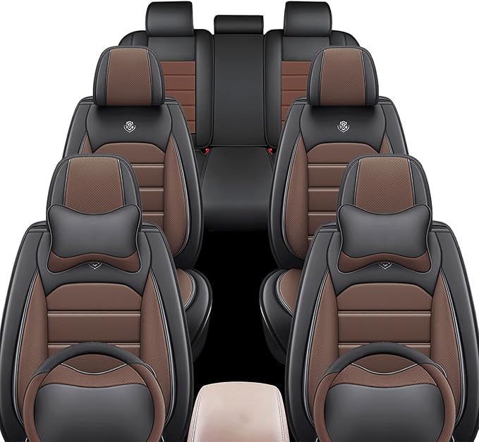 JOJ Car Seat Cover Fit for Toyota Highlander 2001-2025,7 Seat Car Seat Cover,No-Slip Waterproof Breathable Faux Leather,Full Set with Pillow Steering Wheel Covers,Black Coffee