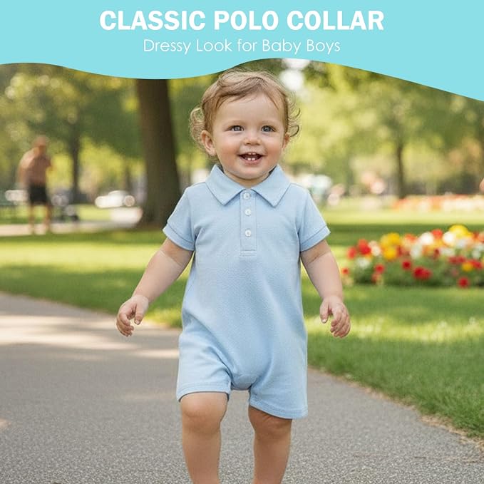 DEFAHN Baby Boy Polo Romper Short Sleeve Collared One-Piece Outfit 0-24M - Image 5
