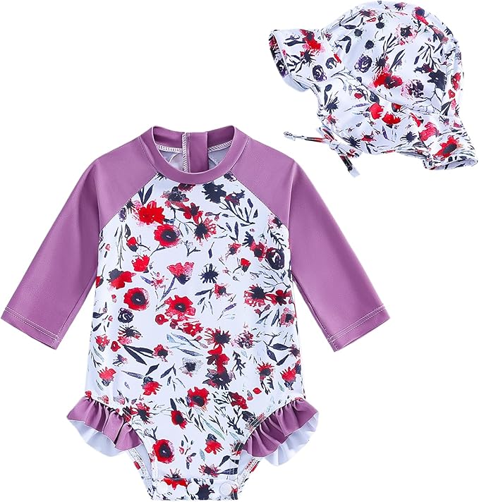 WOLBAY Baby Girl Swimsuit Long Sleeve One Piece Rash Guard with Sun Hat Zipper Bathing Suit Size 0-2T