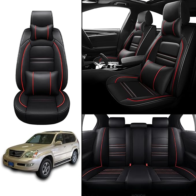 Car Seat Covers for Lexus Car gx470 2003-2009, 5 Seats Leather Seat Covers, Waterproof Seat Protectors, Automotive Seat Covers (Full Set with Pillow,Black&Red Line)
