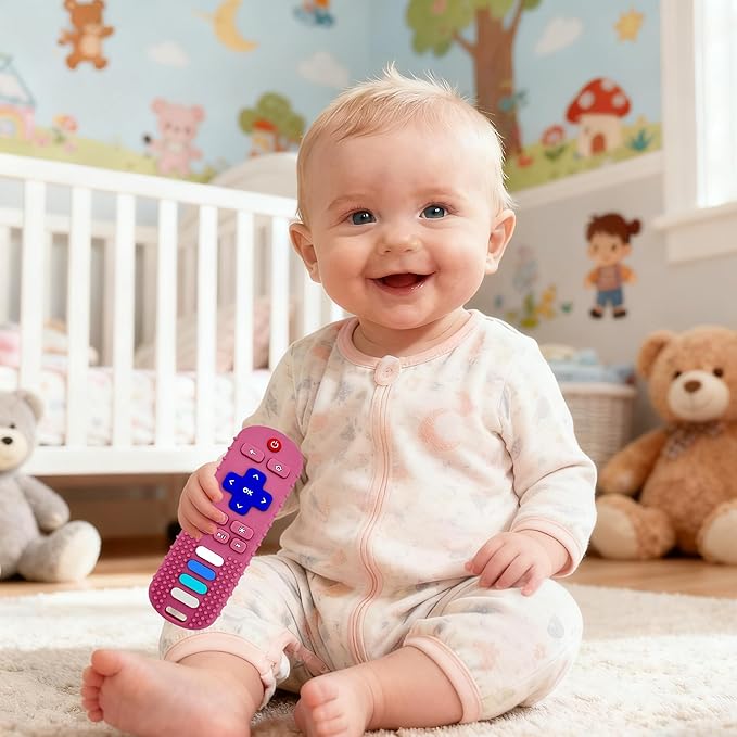 Baby Teething Toys-TV Remote Control Shape Silicone Infants Teething Toys for Babies 0-18 Months,BPA-Free (Pink)