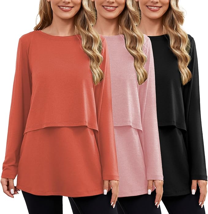Ecavus Women's 3Pack Maternity Nursing Shirts Long Sleeve Double Layer Breastfeeding Shirts Comfy Pregnancy Clothes
