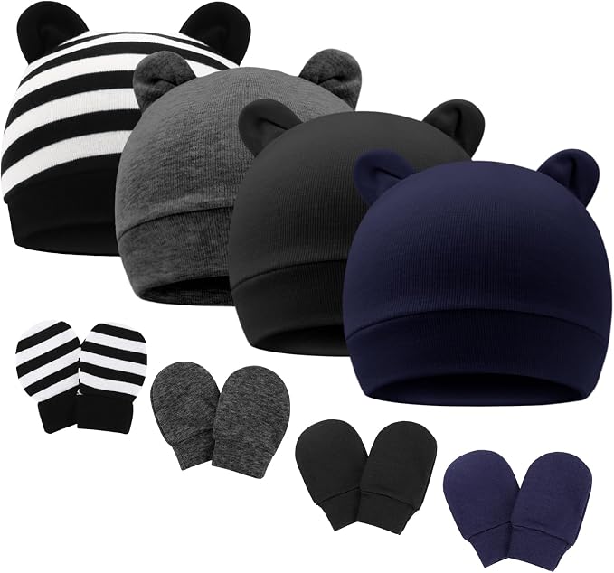 Newborn Baby Hat and Mittens Set Bear Ears Toddler Infant Beanie Caps Newborn by AQOKKA