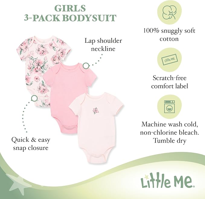 Little Me Clothes for Baby Girls' 3-Pack 100% Cotton Bodysuits - Image 3