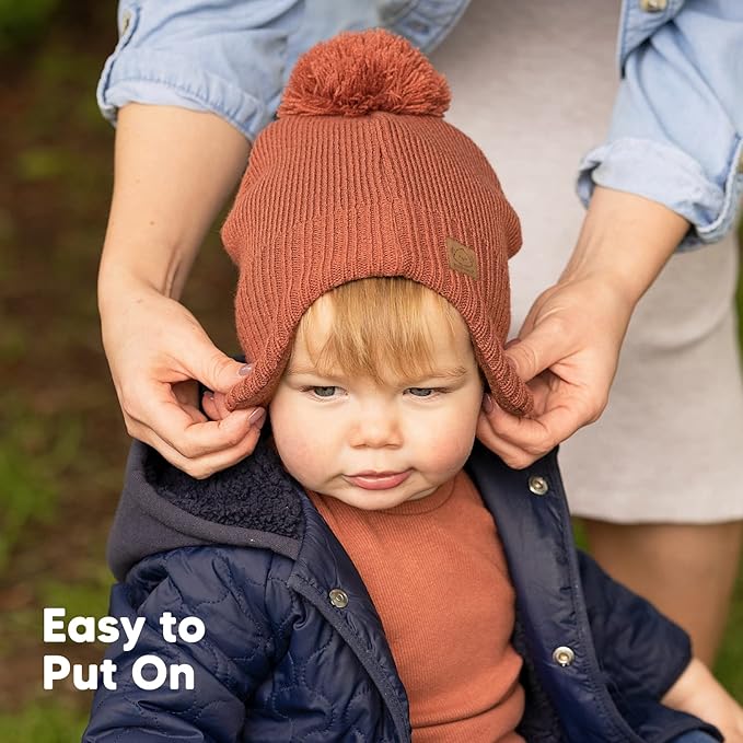 Baby Beanies, Baby Hats for Boys, Girls - Cute Toddler Winter Hat, Soft & Stretchy Beanies for Infant, Newborn 6-36 Months, Cozy & Warm with Earflap Muff & Pom (Clay)