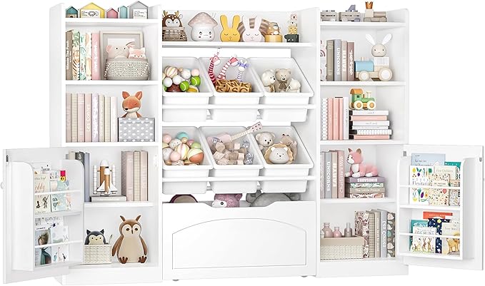 FINETONES 55” Toy Storage Organizer with Removable Bins, 5-in-1 Kids Bookshelf with Movable Chests and Book Shelves Behind The Doors, Toy Organizer Playroom with 6 Toy Bins and 8 Storage Cubes, White