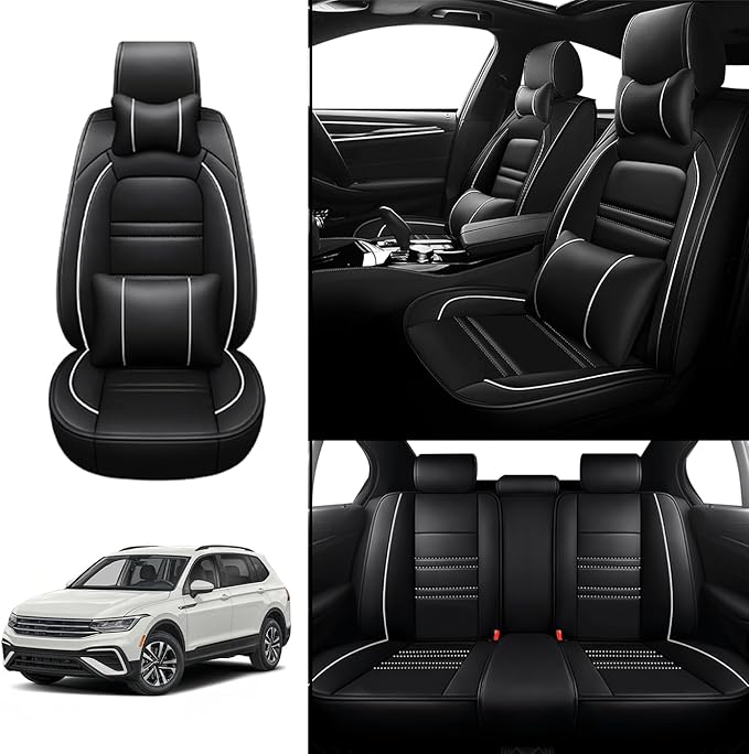 Car Seat Covers for VW Car tiguan 2009-2025 | 5-Seats Seat Covers, Waterproof Seat Protectors, Automotive Seat Covers (Full Set with Pillow,Black&White Line)