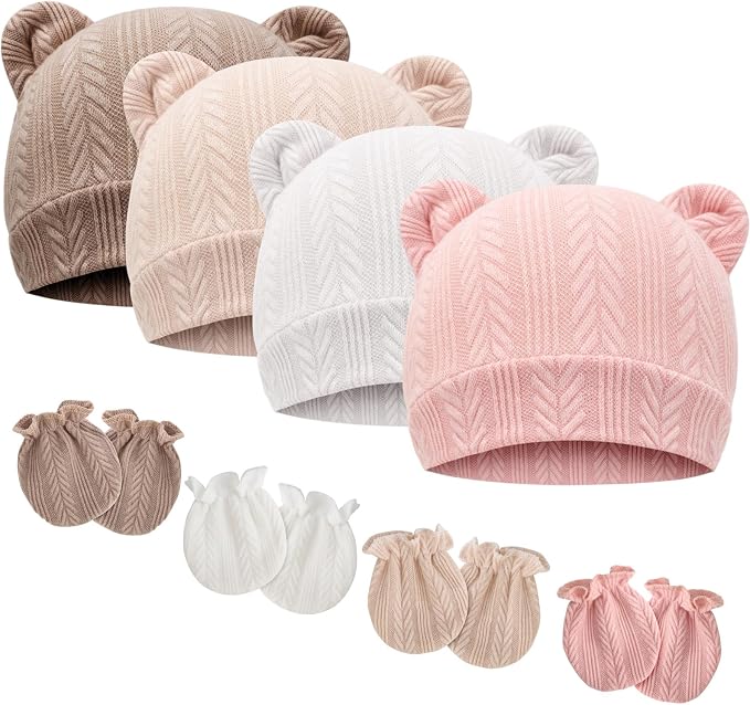 BQUBO Newborn Baby Hats Bear Ears and Mittens Sets Preemie Caps Baby Boy Girl by DRESHOW