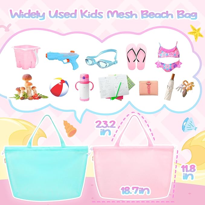Tagitary Beach Toys Kids Beach Bag Tote with Drawstring, Pink Blue Mesh Bag Travel Beach Essentials for Kids Swim Pool Gym Bag Camping Accessories Toys Storage Lightweight Foldable Birthday Gifts