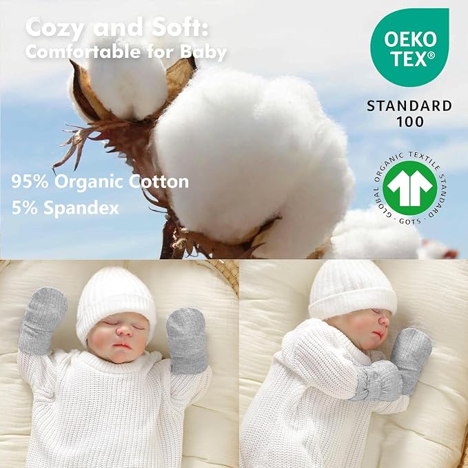 Baby Newborn No Scratch Mittens Stay On Cotton Gloves 0-12 Months | Organic - Image 5