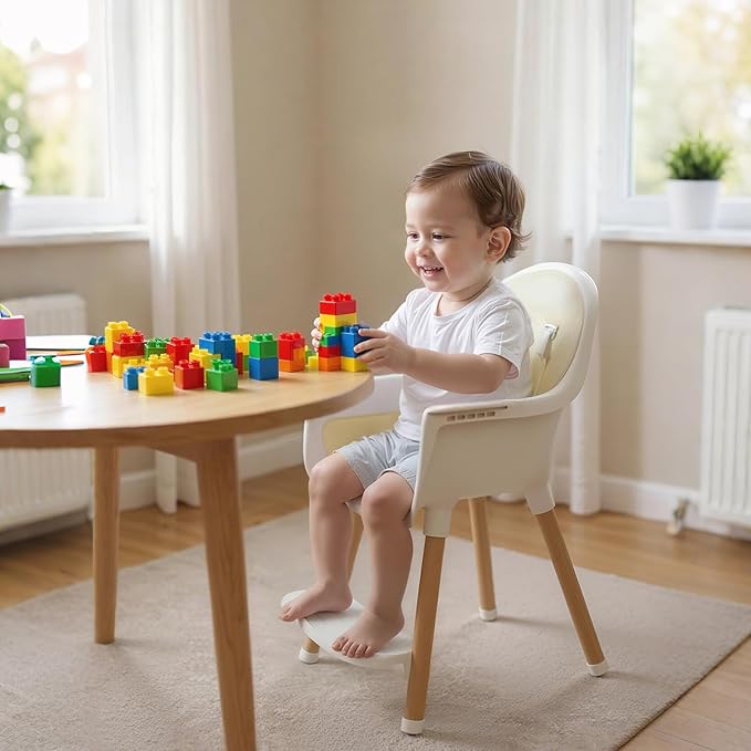Baby High Chair, Wooden Highchair with Removable Tray, Adjustable Legs, Cushion, 5-Point Harness and Footrest for Infants, Baby, Toddlers, Cream
