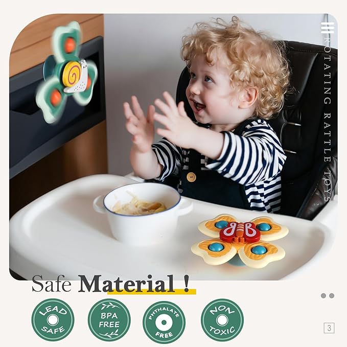 ALASOU 3PCS Suction Cup Spinner Toys for 1 Year Old Boy Girl|Spinning Top Infant Sensory Toys for Toddlers|1 2 Year Old Boy Christmas Birthday Gift|Baby Bath Toy Stocking Stuffers for Kids Ages 1-3