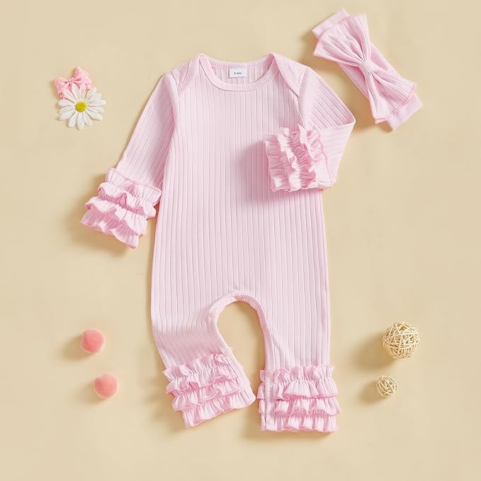 Newborn Baby Girl Clothes Jumpsuit Ruffle Romper Bodysuit Pants Headband - Image 3