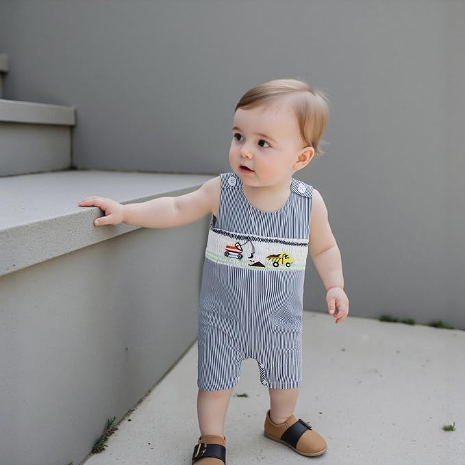 Newborn Baby Boys Sleeveless Seersucker Romper One Piece Straps Overalls - Image 7