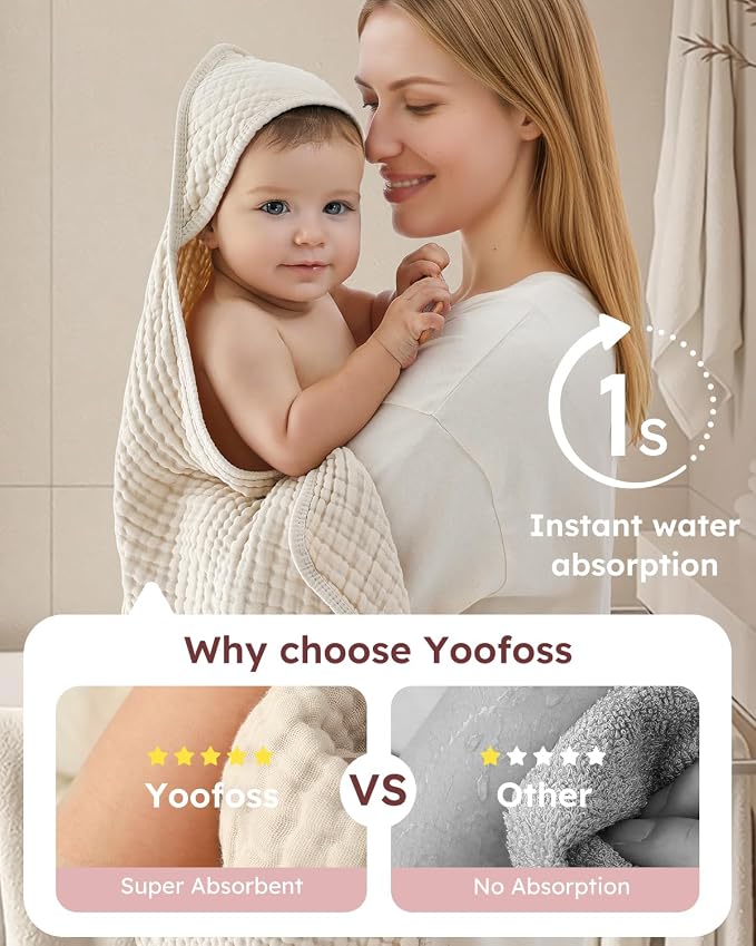 Yoofoss Hooded Baby Bath Towels 2 Pack 100% Muslin Organic Cotton - Image 3