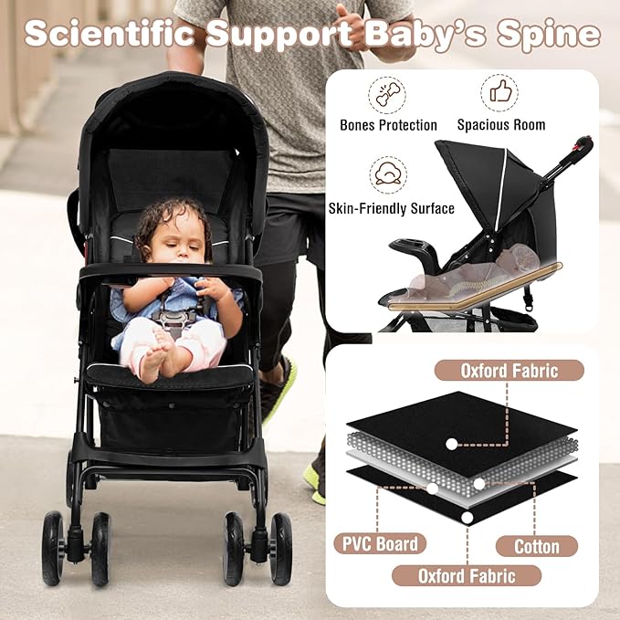 Baby Joy Lightweight Stroller, Compact Toddler Travel Stroller for Airplane, Infant Stroller w/Adjustable Backrest/Footrest/Canopy, 5-Point Harness, Storage Basket, Easy One-Hand Fold, Black
