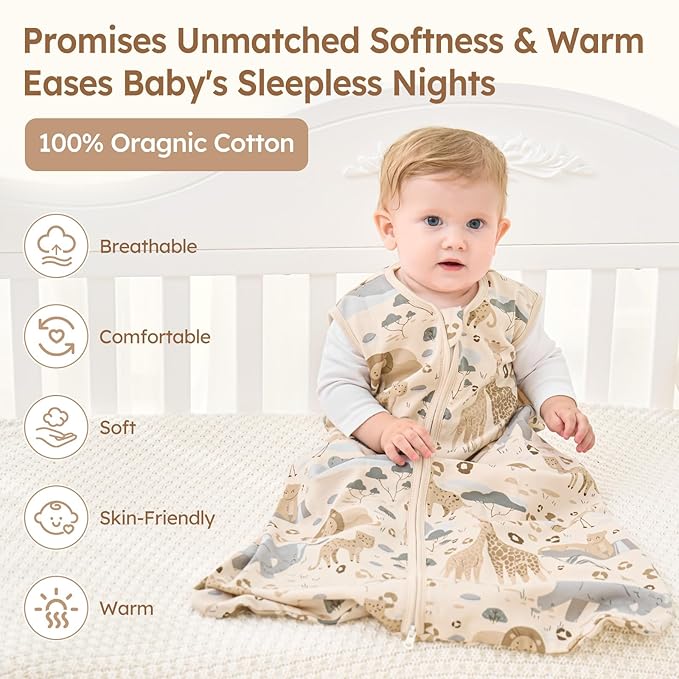 Baby Sleep Sack 18-24 Months 100% Cotton Lightweight 0.5 TOG Wearable Blanket Baby Sleep Bag with 2-Way Zipper for Infant Toddler Apricot Elephant