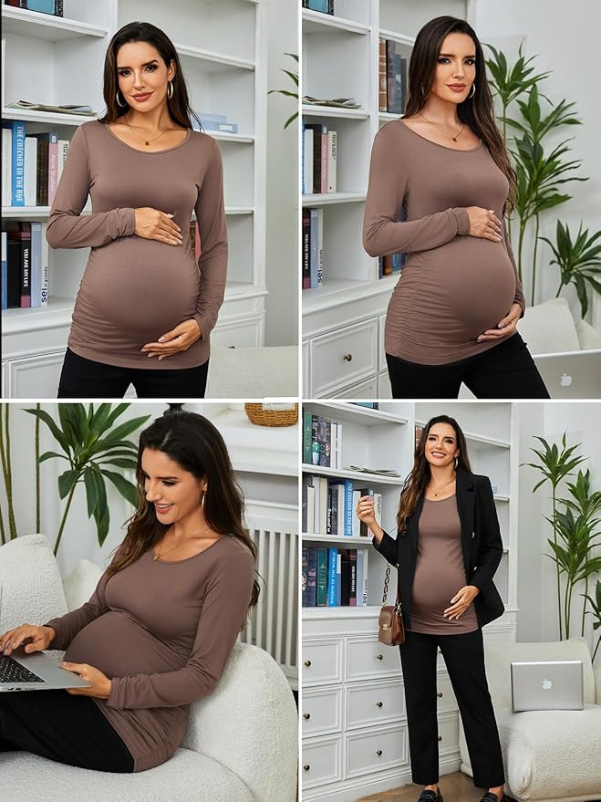 Ecavus Women's Maternity Shirts Long Sleeve Soft Stretchy Pregnancy Tops Side Ruched Casual Mama Clothes