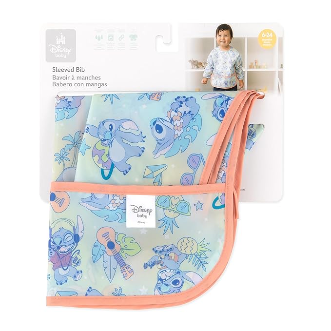 Bumkins Disney Sleeved Bib for Girl or Boy, Baby and Toddler for 6-24 Mos, Essential Must Have for Eating, Feeding, Baby Led Weaning Supplies, Long Sleeve Mess Saving Food Catcher, Aloha Stitch