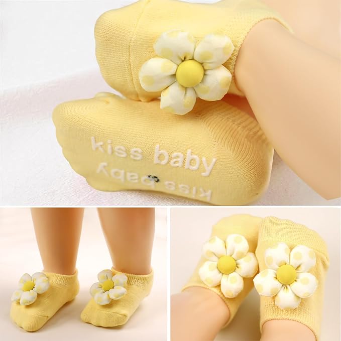 4Packs Baby Girls Socks, Flower Non-Slip Grips - Image 4