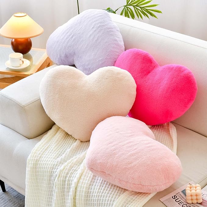 Hot Pink Heart Pillows, Cute Heart Decorative Pillow, Heart Shaped Throw Pillows for Bed, Faux Rabbit Fur Plush Hoom Decor Pillow Cushion for Chair Sofa Living Room (Medium-15.7"x11.8")