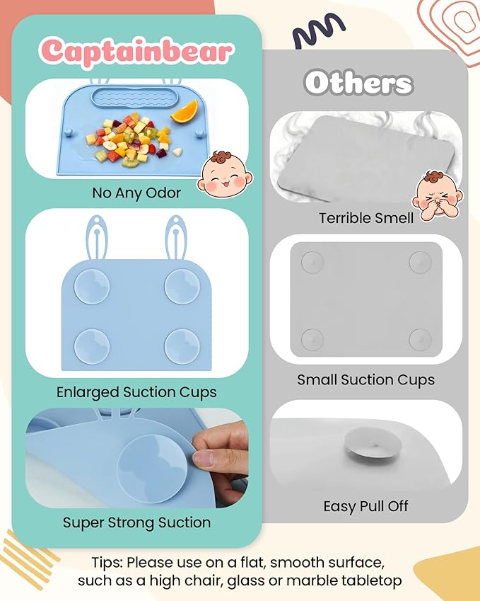 2Pack Silicone Placemats for Baby&Kid, Stain-Proof Non-Slip Baby Place Mat for Restaurant Highchair& Home Dining, Baby-led Food mats for Travel, Portable Toddler Table mat-Waterproof&Dishwasher Safe