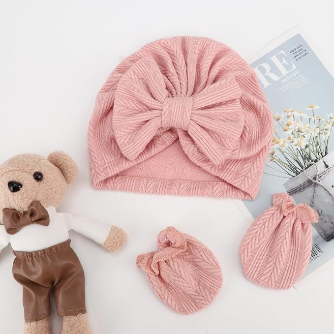 Newborn Baby Hats and Mittens Set Infant Bow Beanie Cap Toddler Gloves Newborn - Image 4