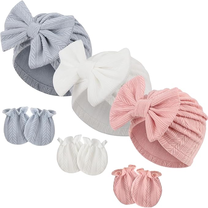 BQUBO Newborn Girls Hats Baby Hat and Mittens Set Infant Caps Bow Hospital by DRESHOW