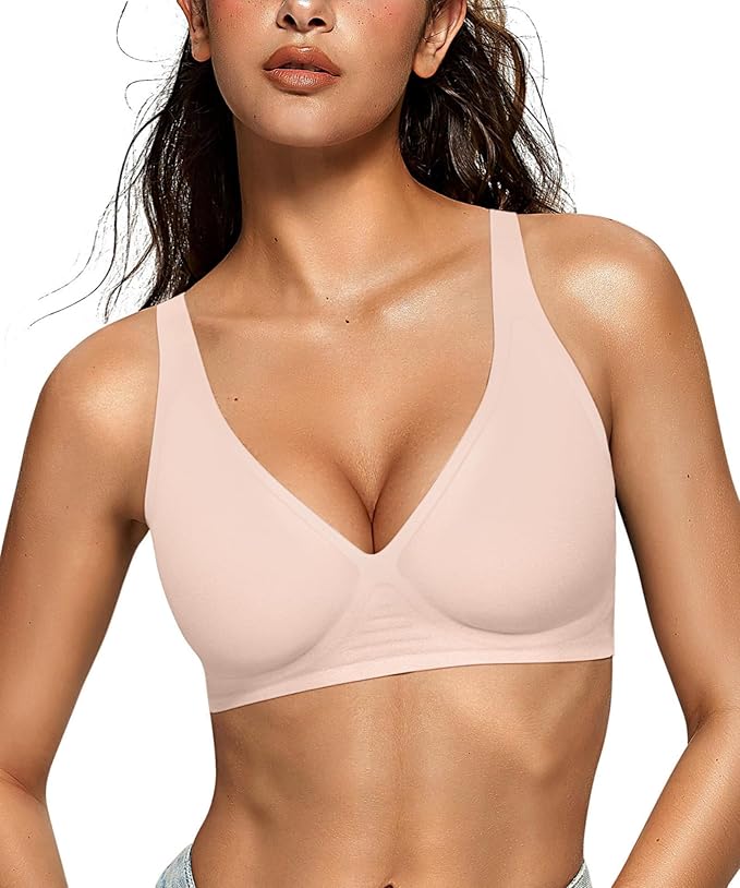 OEAK Womens Deep V Bras Wireless Comfortable Bra Supportive No Underwire Bras Tshirt Push Up Bralettes Plunge Seamless Bra