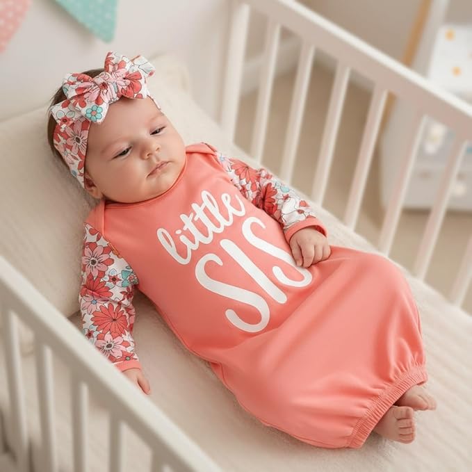 AMAWMW Newborn Baby Girl Little Sister Sleeper Gown Stripe Long Sleeve - Image 3