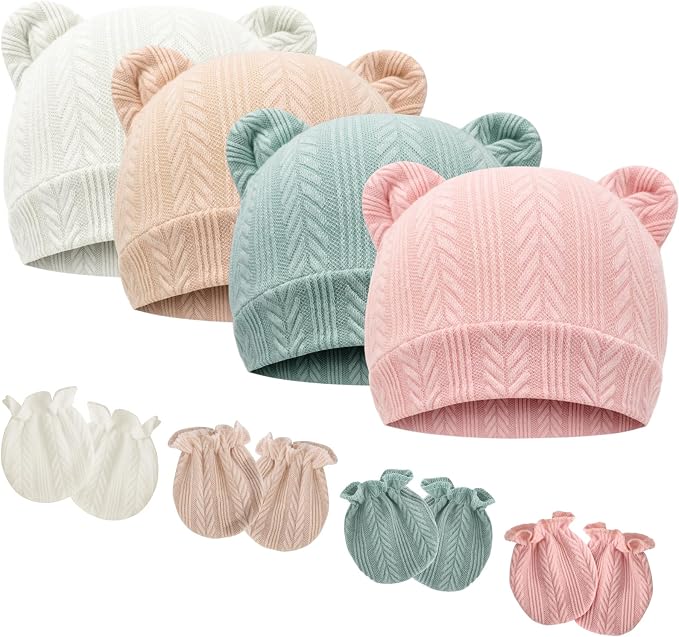 BQUBO Newborn Baby Hats Bear Ears and Mittens Sets Preemie Caps Baby Boy Girl by DRESHOW