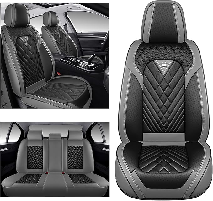 Car Seat Covers Full Coverage Seat Cover Premium Waterproof Faux Leather Cushion Universal Accessories Fit SUV Sedan Automotive Vehicle Auto Interior Seat Protector Full Set(5 Seat,Black&Gray)