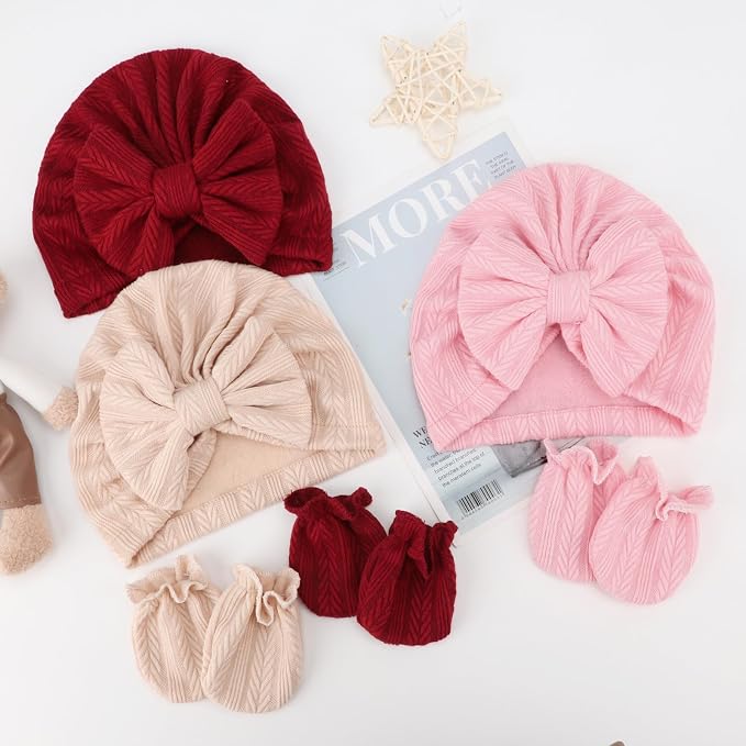 Newborn Baby Hats and Mittens Set Infant Bow Beanie Cap Toddler Gloves Newborn - Image 4