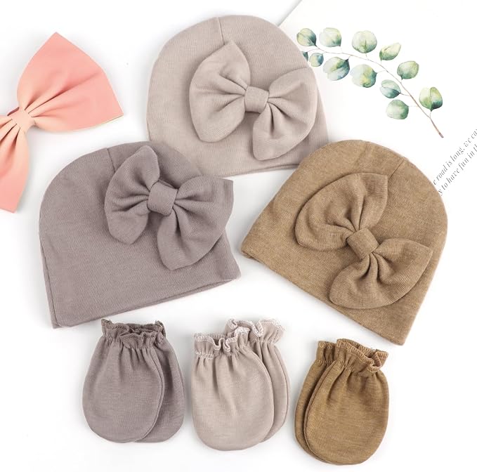 BQUBO Newborn Baby Girls Hats Mittens Set Hospital Hat Beanie Infant Bow Hats - Image 7