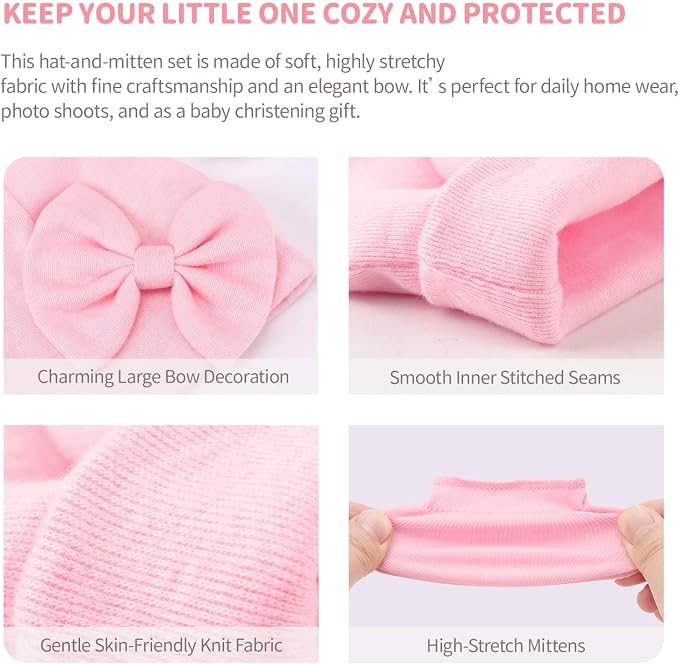 BQUBO Newborn Girls Hats Baby Hat and Mittens Set Infant Caps Bow Hospital - Image 5