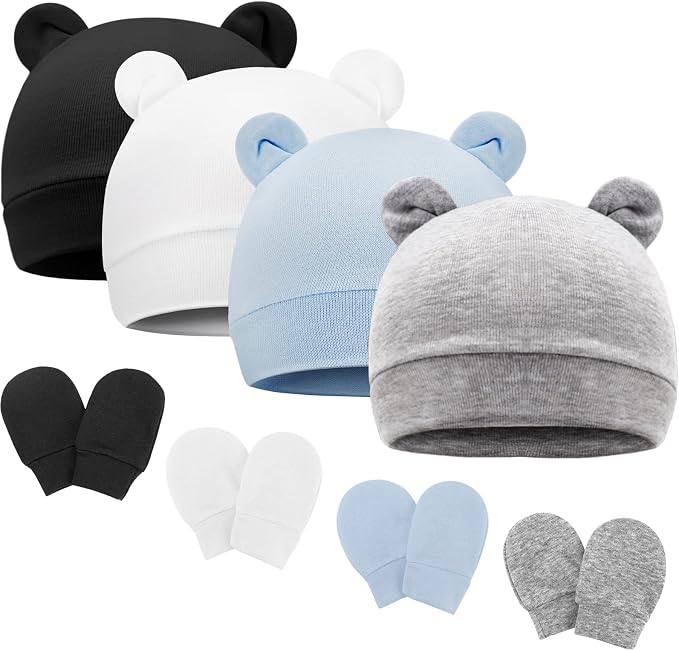 BQUBO Newborn Baby Bear Ears Hats and Mittens Sets Preemie Cotton Caps Baby Boy by DRESHOW