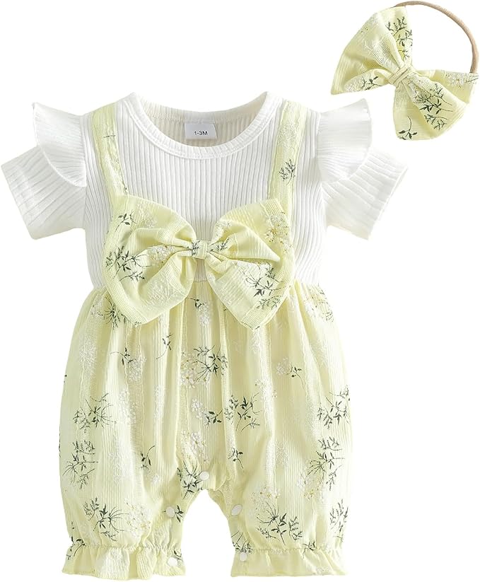 YINGISFITM Newborn Baby Girl Summer Clothes Short Sleeve Bubble Romper Bow by YINGISFITM