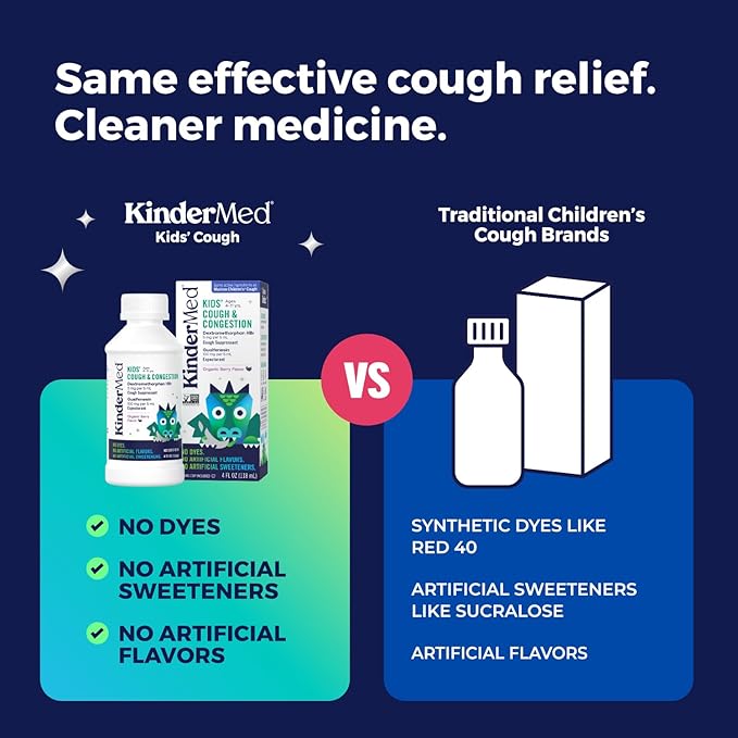 KinderMed Kids' Daytime Cough & Congestion Medicine, for Ages 4-11 Years, No Dyes, No Artificial Flavors, No Artificial Sweeteners, Vegan, Non-GMO, Gluten Free, Organic Berry Flavor (4 Fl Oz)
