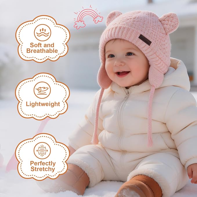 Duoyeree Baby Winter Hat, Bear Knit Earflaps Cotton Lined - Image 4